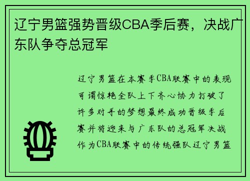 辽宁男篮强势晋级CBA季后赛，决战广东队争夺总冠军